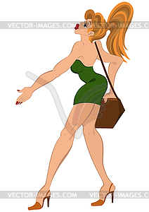 Cartoon girl in short dress walking with purse - royalty-free vector image