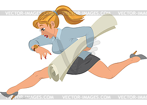 Cartoon girl running with paper in her hand - vector clipart