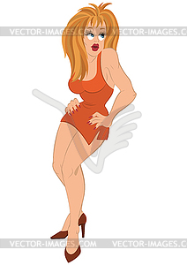 Cartoon girl with blond hair in orange dress - vector clipart