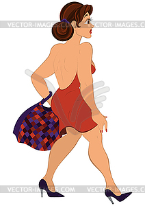 Cartoon girl with plaid bag walking - vector clipart