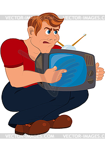 Cartoon man holding old TV - vector clipart