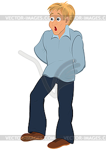 Cartoon man in blue shirt and open mouth - vector image