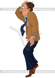 Cartoon man in brown jacket standing on tiptoe - vector image