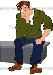 Cartoon man in green jacket and blue pants sitting - royalty-free vector clipart