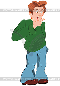 Cartoon man in green sweater holding hand near chin - vector image