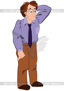 Cartoon man in purple shirt touching hair - vector clipart / vector image