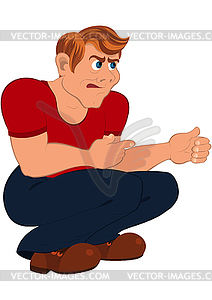 Cartoon man in red t-shirt sitting on his feet - vector image