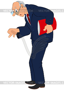 Cartoon old man in blue jacket and tie looking down - vector image