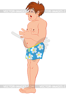 Cartoon topless man in blue shorts barefoot - vector clip art