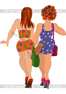 Мультяшный две девушки идущие назад вид - векторное изображение клипарта