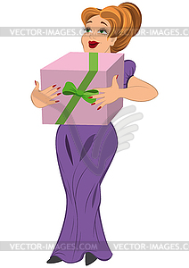 Cartoon woman in purple dress with present box - vector image