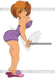 Cartoon woman in purple slippers holding - vector clipart