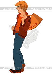 Cartoon young man with orange bag over his shoulder - vector image