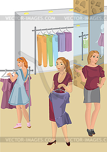 Ретро девушки в магазине выбирая одежду - векторный эскиз