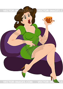 Retro hipster girl on purple sofa with cup of coffee - vector clipart