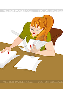 Retro hipster girl working with papers - vector clip art