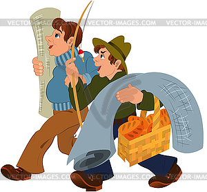 Two cartoon men walking together after shopping - vector image