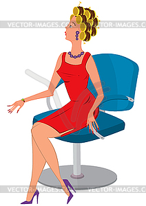 Cartoon woman in red dress and hair rollers - vector image