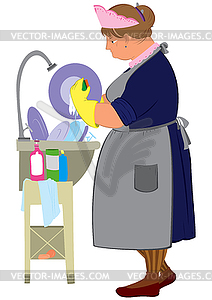 Cartoon woman in yellow gloves doing dishes - vector image