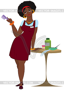 Мультяшный черная женщина парикмахер стоя в красный - векторный клипарт EPS
