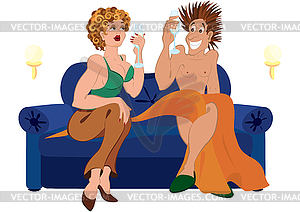 Cartoon couple drinking champagne cocktail sitting - vector image