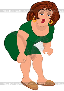 Cartoon fat woman in green dress lifting something - vector EPS clipart