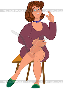 Cartoon fat woman in purple dress sitting on stool - vector clipart