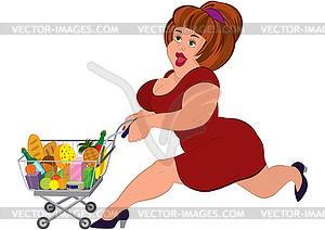 Cartoon fat woman in red dress running with - stock vector clipart