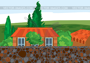 Cartoon house trees and wall - vector image