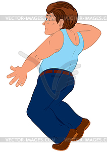 Cartoon man in blue pants and blue top holding - vector clipart