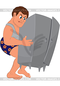 Cartoon man in blue shorts and gray top holding - vector clipart