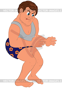 Cartoon man in blue shorts and gray top with bare - vector image