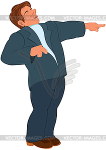 Cartoon man in blue suit pointing with index - vector clipart / vector image