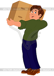 Cartoon man in green sweater holding big box - vector image