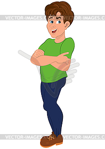 Cartoon man in green t-shirt and blue sweat pants - vector clipart