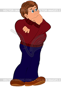 Cartoon man in red sweater touching his chin - vector image