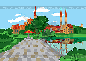 Cartoon park near lake - vector clipart