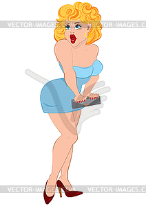 Cartoon sexy bond woman in blue dress - vector clip art