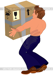 Cartoon topless man holding big box back view - vector clipart