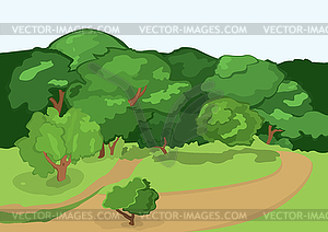 Cartoon village road and green trees - vector image
