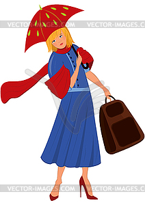 Cartoon woman in blue coat with red umbrella - vector image