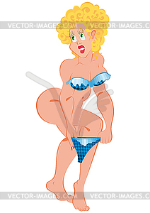 Cartoon woman in blue shiny underwear - vector image