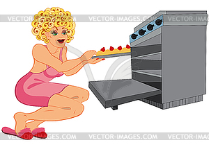 Cartoon woman in pink dress and slippers baking - vector clip art