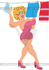 Cartoon woman in pink dress hanging laundry - vector image