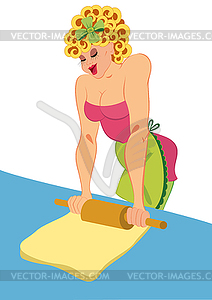 Cartoon woman in pink dress rolling dough - vector image