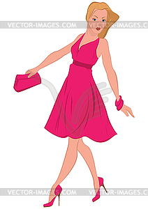 Cartoon woman in pink dress walking - vector clipart