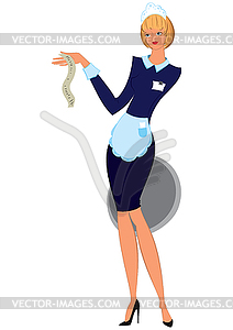 Cartoon woman in white apron and blue uniform - vector clip art