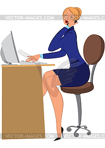 Cartoon woman secretary talking on phone and typing - vector image