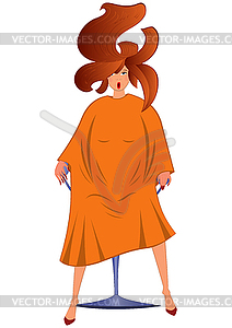 Cartoon woman sitting in chair in orange robe and - vector clipart