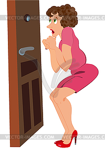 Cartoon woman standing scared near door - vector clip art